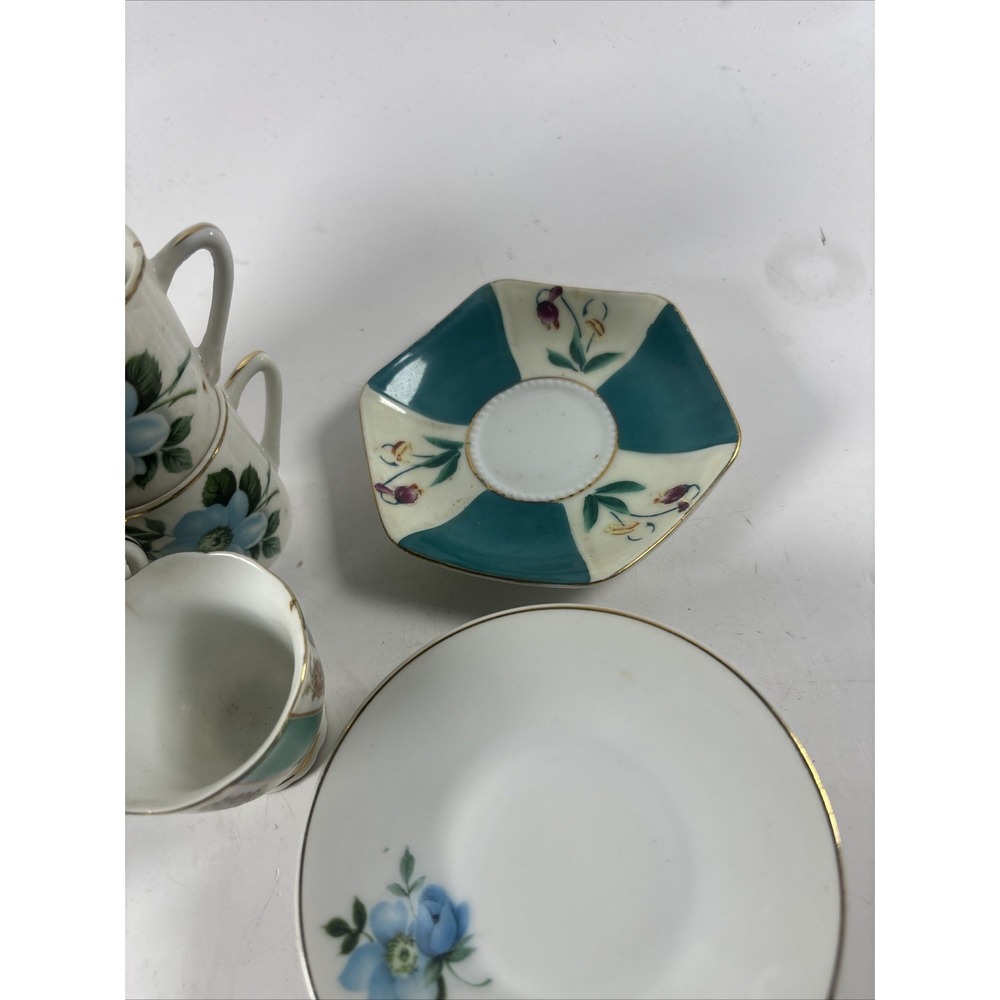 Vintage Fruit Japan Porcelain Tea Set Lot Blue Floral Cups Saucers Mid Century - Picture 5 of 7
